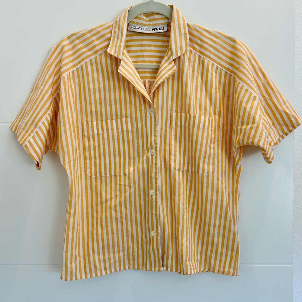 Chaus Yellow/Orange Striped Short Sleeve Button Down Size 6 Petites